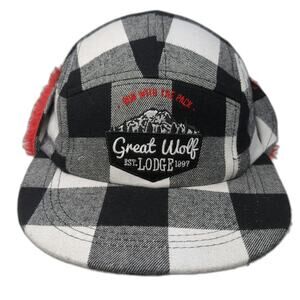 Great Wolf Lodge 5 Panel Black White Red One Size Buffalo Plaid Faux Fur Hat